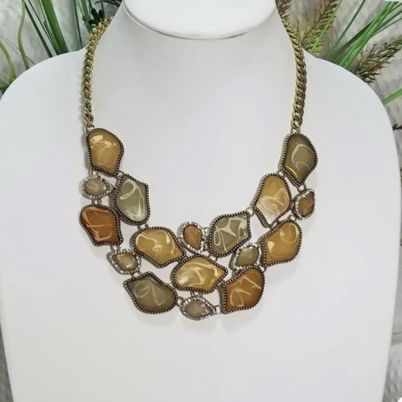 Necklace Earrings Crystal Tri-Color Olive Ginger Latte Bib Gold Necklace # 264 - Picture 2 of 8